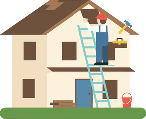 Roofer in overalls on a ladder repairing a residential house.