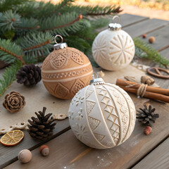 &ldquo;Handmade clay Christmas ornaments with engraved patterns, warm earthy palette, rustic table styling, natural daylight.&rdquo;
