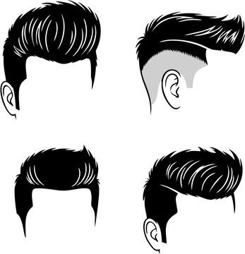 A collection of stylish men's haircuts showcasing classic pompadours and modern fades