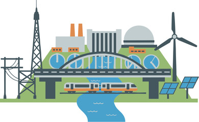 Integrated Urban Infrastructure with Power Plants Train and Green Energy.