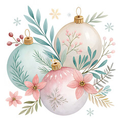 &ldquo;Pastel watercolor Christmas baubles with botanical elements, delicate soft texture, arranged in gentle composition for greeting cards.&rdquo;