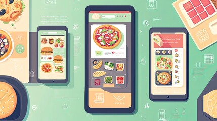 Digital food ordering apps. Flat design of multiple devices displaying online menus for various food items, including pizza, burgers, and salads