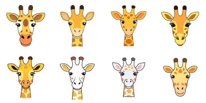 Multiple vector illustrations of cute giraffe faces