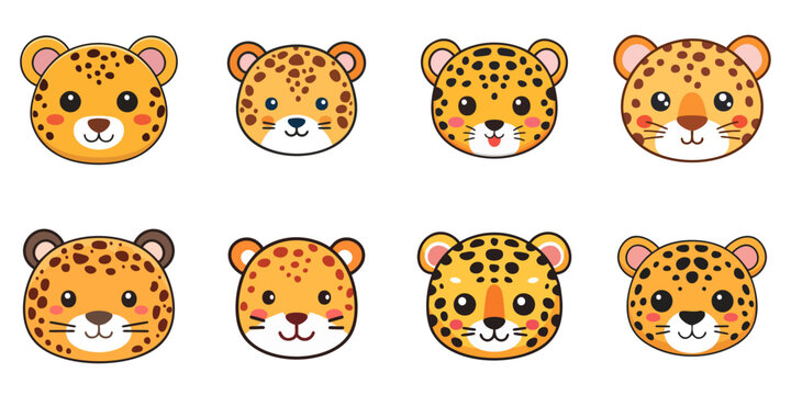 Multiple vector illustrations of cute leopard faces