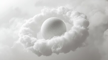 Cloud Dancer 2026 fragile cracked white sphere emerging from soft clouds. Powerful breakthrough transformation vulnerability concept for change innovation climate environmental metaphor