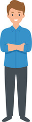 Cartoon illustration of a smiling man in a blue shirt standing with his arms crossed.