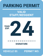 Blue and white 2024 staff and resident parking permit sticker.