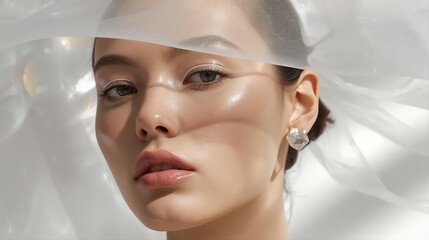 Cloud Dancer 2026 futuristic beauty concept with transparent technology element. Modern skincare innovation cosmetics luxury portrait for high end beauty brands digital wellness campaigns