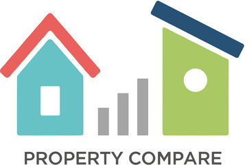 Property comparison logo with house and birdhouse icons and a bar graph.