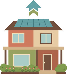 Eco friendly house with solar panels and upward arrow symbol.