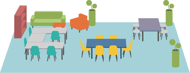 Isometric vector illustration of a modern open-plan office or co-working space with colorful furniture.