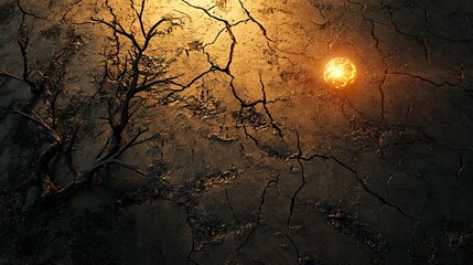 Dried, cracked earth with a fiery sun