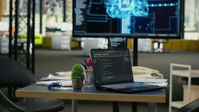 Close up of laptop in empty office used to accelerate complex artificial intelligence calculations. Notebook program used for deep learning training datasets systems, camera B