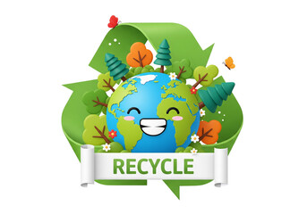 Naklejka premium Cute cartoon earth character with trees and recycling symbol for environmental protection and ecology concept on transparent background