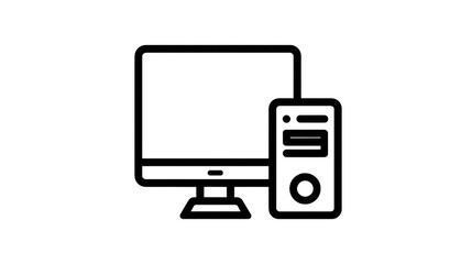 Computer monitor and tower with white outlines on transparent background