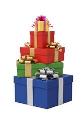 Stack of five colorful gift boxes with ribbons and bows on transparent background