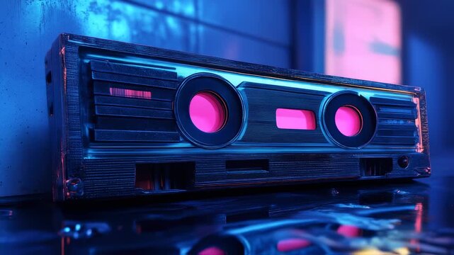 Retro Cassette Tape in Neon Futuristic Lighting, 80s or 90s Nostalgia Vibes