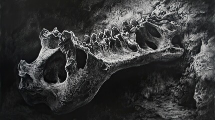 Fossil spine in a dark cave