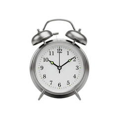Classic twin bell alarm clock with metal casing and white face on transparent background
