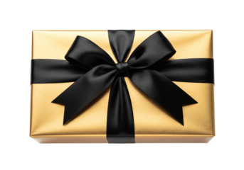 Golden gift box with black ribbon and bow isolated on transparent background on transparent background