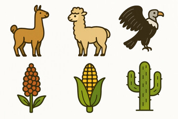 Obraz premium Cartoon illustration of Peruvian Andean biodiversity with llama, alpaca, condor, quinoa, corn, and cactus