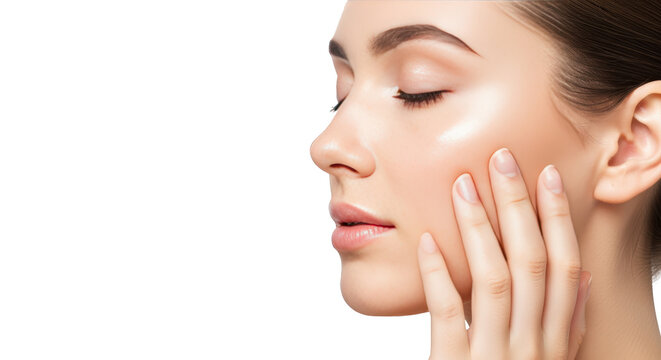 Detailed depiction of beautiful young woman with perfect skin touching her face emphasizing woman, girl, female