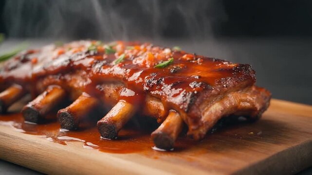 Delicious barbeque pork ribs glazed with spicy sauce on wood cutting board, mp4 video. AI