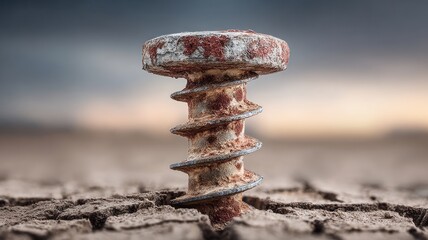 Macro shot of a rusty screw embedded in cracked dry soil with strong texture
