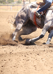 A horse and rider galloping with dirt flying everywhere. This is a photo in a vertical presentation. A barrel racing event.