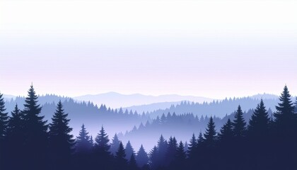 Wide horizontal winter banner with dark pine forest silhouette and cool sky gradient