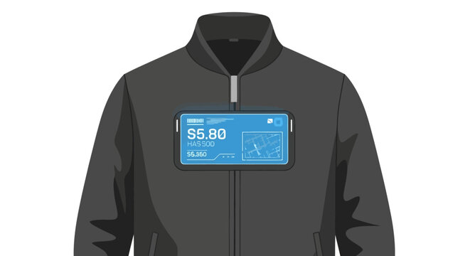 Smart jacket with integrated smartphone display showing digital wallet interface.
