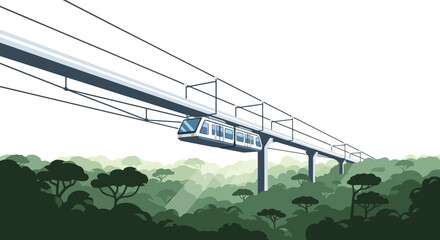 Futuristic Monorail Train Gliding Above Lush Green Forest Canopy.