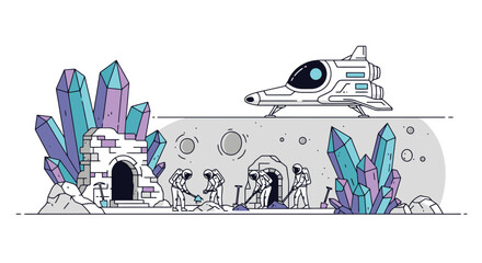 Futuristic Space Mining Operation on Alien Planet with Spaceship and Crystals.
