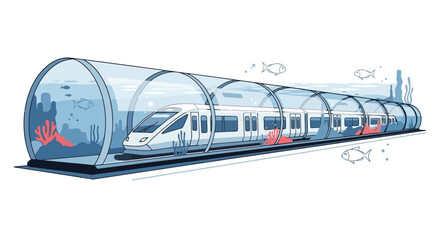 Futuristic underwater train in a transparent tunnel.