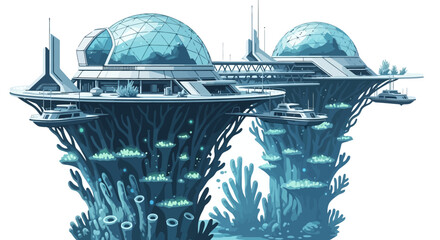 Futuristic underwater city with domed structures and coral-like foundations.