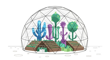 Geometric Dome Enclosing a Vibrant Ecosystem of Cacti and Lush Plants.