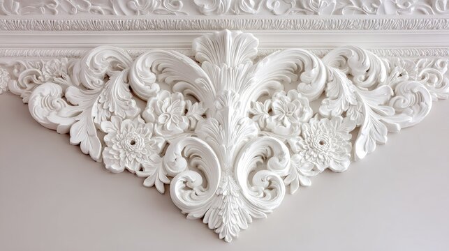 Ornate white plaster ceiling molding features intricate acanthus leaf and floral designs