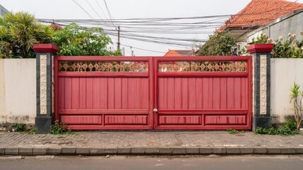 Obraz premium Double hinged residential entry barrier features bold red color and decorative metalwork