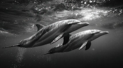 Three dolphins swim in unison in the ocean, black and white, water overhead