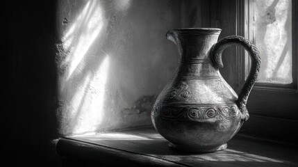 Antique clay pitcher sits on a windowsill, illuminated by sunlight, in monochrome