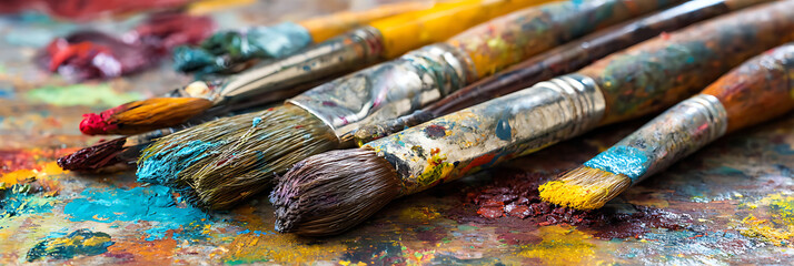 Fototapeta premium Close-up of various used artist paintbrushes covered in colorful paint, resting on a wooden palette with mixed colors, symbolizing creativity and art.