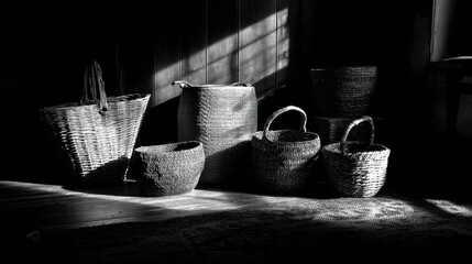 Baskets in sunlight Woven vessels in dappled shadows on a wooden floor