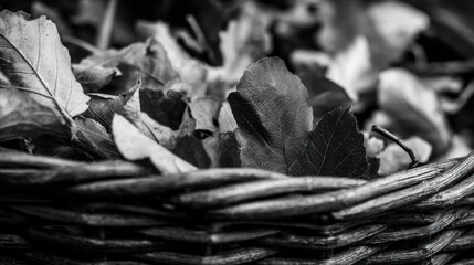 Woven basket filled with fallen leaves captured in monochrome with selective focus