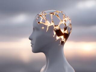 a surreal 3d rendering of a colossal head formed from fragmented metallic shards