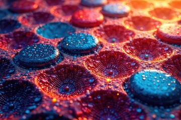 Intricate tessellation of hexagons, vibrant colors, polygon, faceted