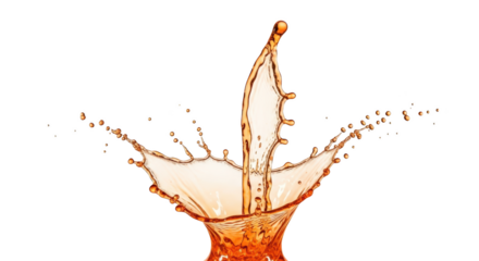Detailed depiction of dynamic orange liquid splash isolated on a white background emphasizing splash, splashing, liquid