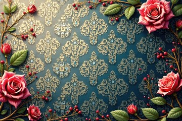 Intricate woven floral damask, elegant swirls and leaves, brocade, surface, design element