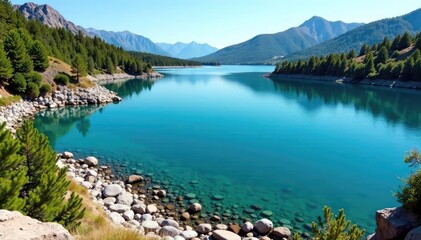 Irregular shaped lake with rocky shoreline and clear water, tranquil, environment, rocks