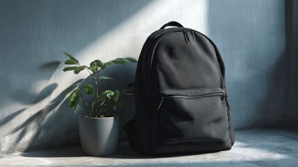 Textured black backpack leans against a wall next to a leafy potted plant in soft light