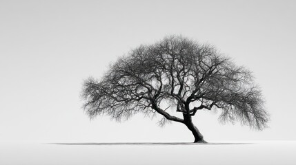 Solitary leafless tree standing starkly in a minimalistic, high-key, monochrome landscape
